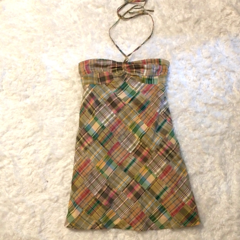 Ann Taylor Loft Multi Patchwork Plaid Convertible Halter Tie Mini Sundress Dress